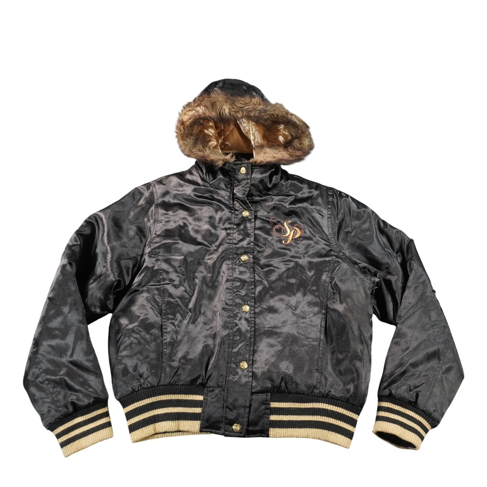 South Pole Bomber Jacket Womens L Black Gold Satin Faux Fur Hood Varsity SP Logo